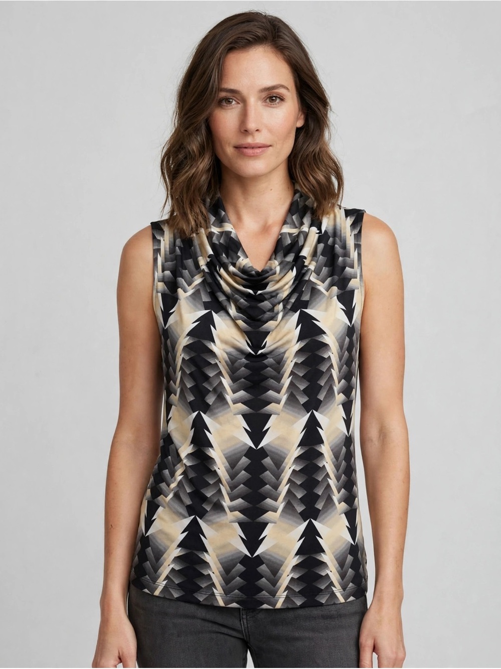 Worthington Sleeveless Cowl Neck Geometric Print Tank - Black & Cream